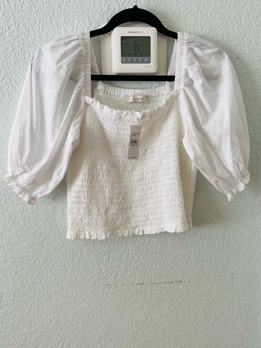 LOFT White Smocked Square-Neck Puff Sleeve Crop Top